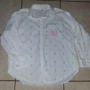 2018 VICTORIAS SECRET PINK PALM TREE WHITE BUTTON DOWN OVERSIZED SHIRT SZ  LARGE